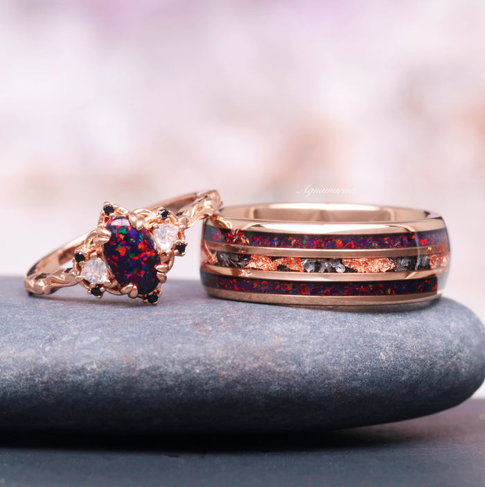 Esme Black Fire Opal Ring- 14K Rose Gold Vermeil with an oval black fire opal featuring red flashes, paired beside a rose gold band with black fire opal and meteorite inlays by Aquamarise.