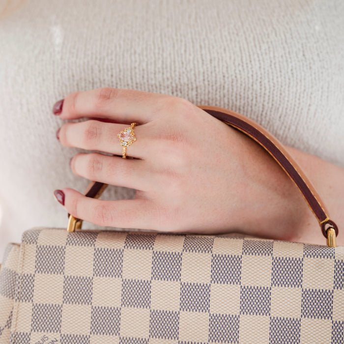 Esme Fireworks Cut Morganite Engagement Ring in 14K Solid Yellow Gold by Aquamarise Gold, featuring a star-cut morganite center stone with delicate diamond accents on an elegant yellow gold band, part of Solid Gold Engagement Rings and Morganite Jewelry collections.