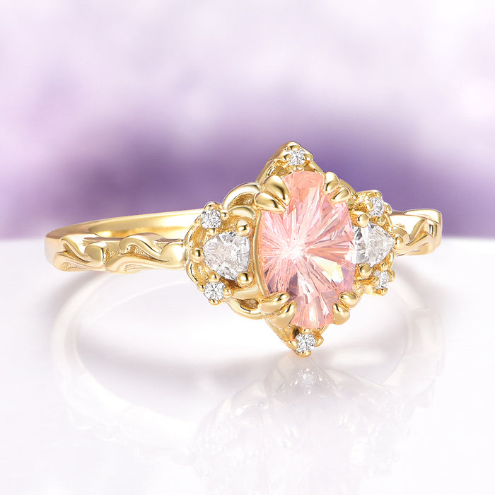 Esme Fireworks Cut Morganite Engagement Ring in 14K Solid Yellow Gold by Aquamarise Gold featuring a radiant star-cut morganite center stone with intricate gold detailing and diamond accents, part of Solid Gold Engagement Rings and Morganite Jewelry collections.