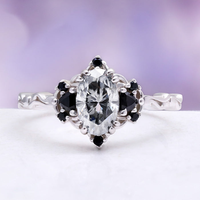 Esme Gray Moissanite & Black Onyx Ring in Sterling Silver by Aquamarise, angled view