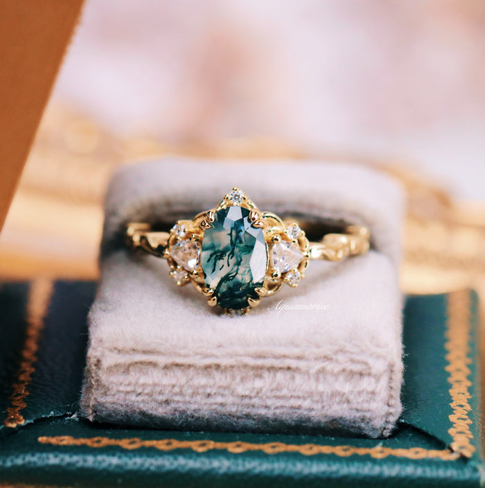 Esme Green Moss Agate Fairy Engagement Ring in 14K Yellow Gold Vermeil by Aquamarise, featuring an oval moss agate with diamond accents in a nature-inspired design.