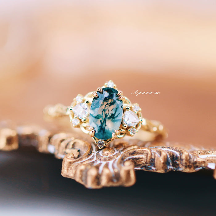 Esme Green Moss Agate Fairy Engagement Ring in 14K Yellow Gold Vermeil by Aquamarise, featuring an oval moss agate with delicate diamond accents in a fantasy-inspired setting.