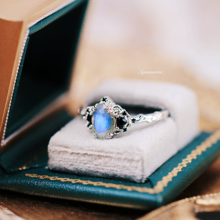 Esme Labradorite & Black Onyx Engagement Ring in 14K White Gold featuring a luminous labradorite center stone with black onyx accents on an intricately designed band by Aquamarise Gold, part of nature-inspired and non-traditional gemstone collections.