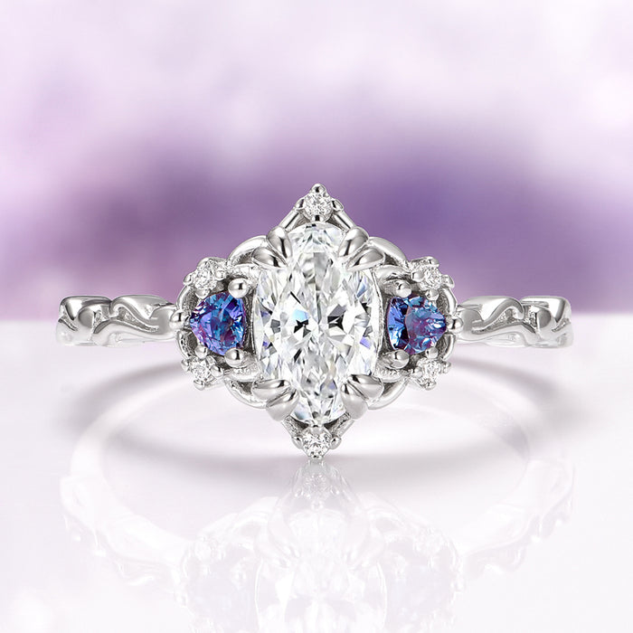 Esme Lab-Grown Diamond & Alexandrite Ring- 14K White Gold (IGI Certified) featuring a marquise-cut lab-grown diamond flanked by oval-shaped alexandrite stones with delicate diamond accents on a sculpted white gold band by Aquamarise Gold, part of Solid Gold Engagement Rings, April and June Birthstone Jewelry, and Nature-Inspired Engagement Rings collections.
