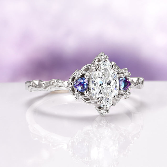Esme Lab-Grown Diamond & Alexandrite Ring- 14K White Gold (IGI Certified) by Aquamarise Gold featuring a marquise-cut lab-grown diamond centerpiece flanked by vibrant alexandrite stones set on a finely detailed white gold band, part of Solid Gold Engagement Rings and Birthstone Jewelry collections.