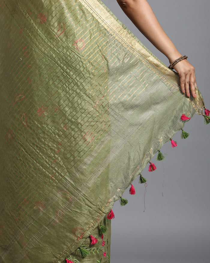 Silk Linen Digital Embroidered Handloom Green Saree with Running Blouse-Indiehaat