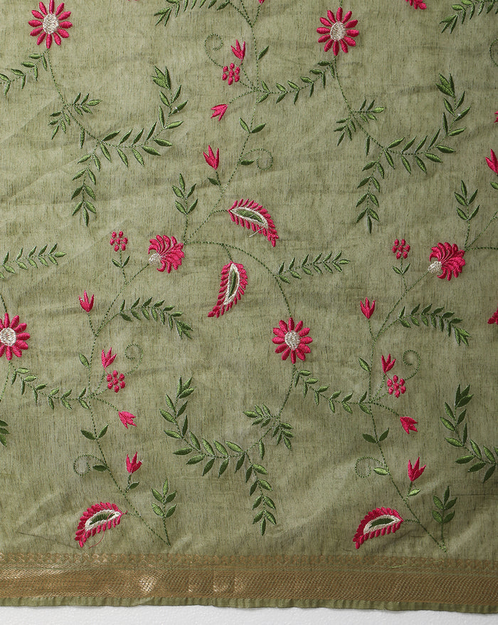 Silk Linen Digital Embroidered Handloom Green Saree with Running Blouse-Indiehaat