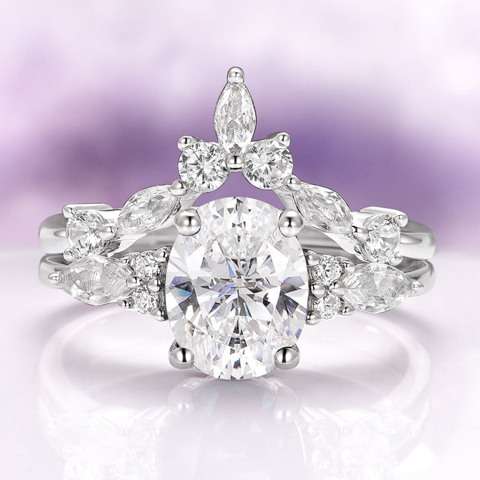 Evelyn Oval Cut White Sapphire Engagement Ring in Sterling Silver by Aquamarise, featuring a sparkling oval lab-grown white sapphire center framed by marquise and round-cut white sapphires, part of Sterling Silver Rings, September Birthstone Jewelry, and Engagement Rings for Women collections.