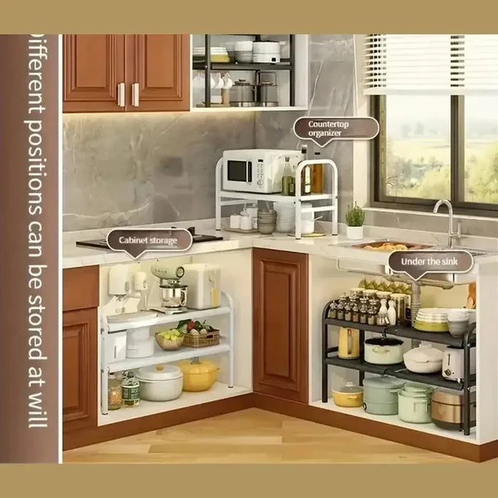 Image showing an expandable under sink shelf organizer in kitchen storage with wall, cabinet, and countertop organizers.