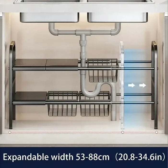 Expandable under sink shelf organizer with adjustable width