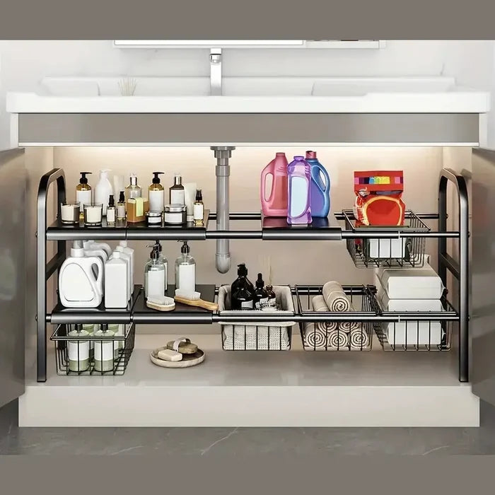 Expandable Under Sink & Cabinet Shelf Organizer – Multi-Use Storage Rack for Kitchen & Bathroom – Cabinet Organizer