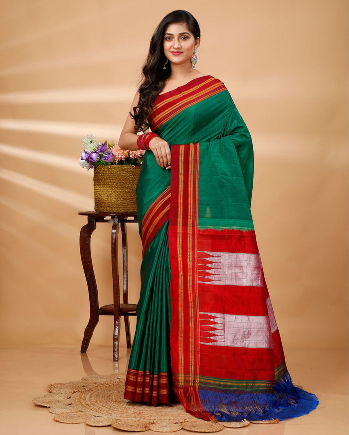 ILKAL Handloom Cotton Silk Saree Dark Green Color with running blouse - IndieHaat