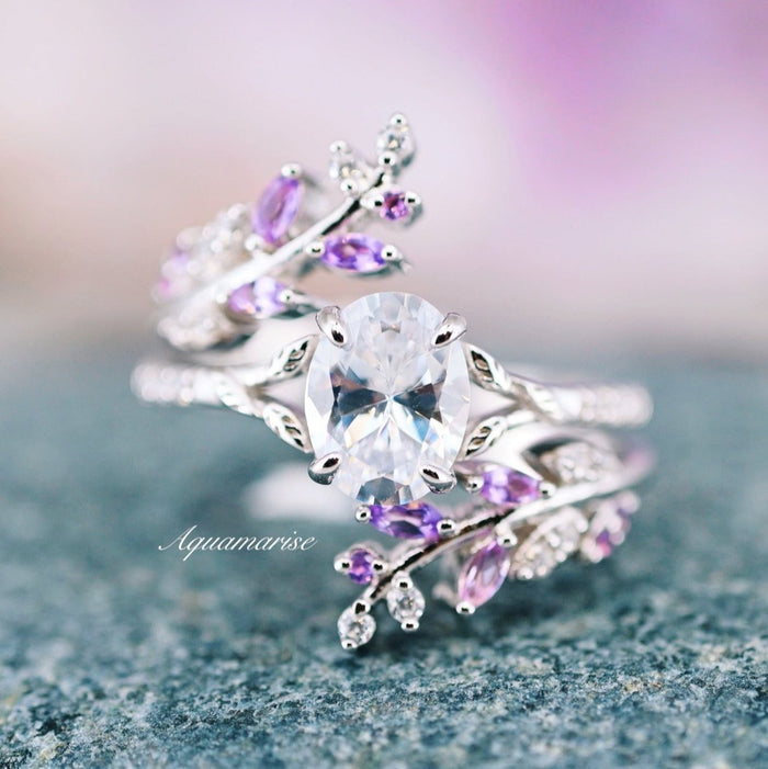 Oval Cut Lab-Grown Diamond & Amethyst Leaf Engagement Ring Set in 14K White Gold (IGI Certified) by Aquamarise Gold, featuring an oval lab-grown diamond centerpiece with purple amethyst and diamond leaf motifs, part of nature-inspired and birthstone jewelry collections.