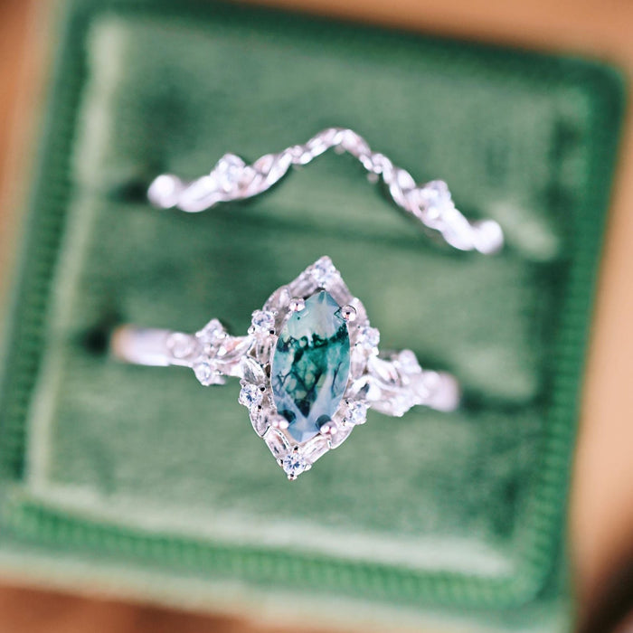 Fairy Green Moss Agate Engagement Leaf Ring Set- 14K White Gold by Aquamarise Gold featuring a marquise-shaped green moss agate center with intricate leaf-inspired 14K white gold bands, part of Nature-Inspired and Solid Gold Engagement Rings collections.