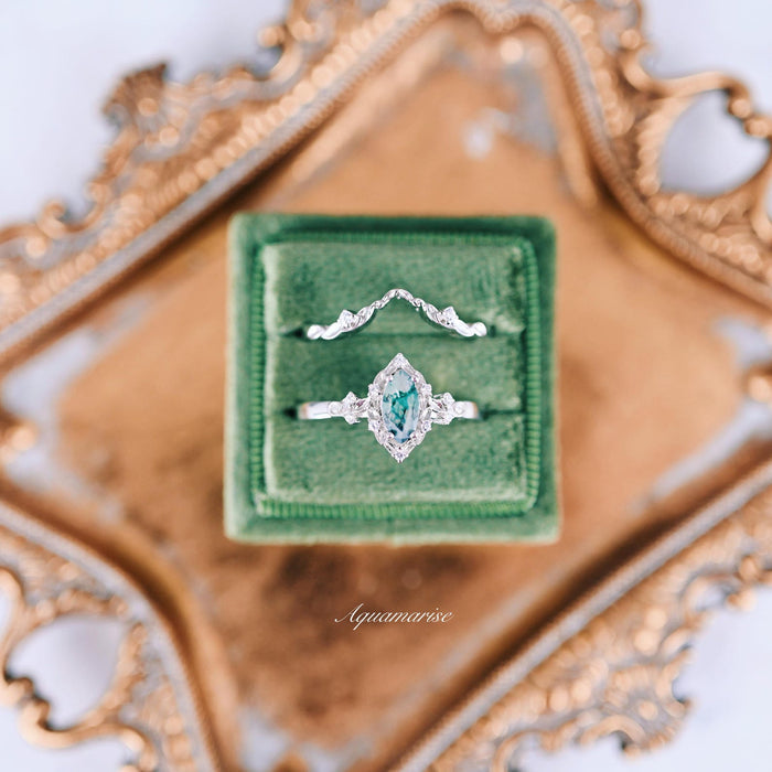 Fairy Green Moss Agate Engagement Leaf Ring Set- 14K White Gold featuring a marquise green moss agate center stone with delicate leaf-inspired white gold bands, showcased by Aquamarise Gold in nature-inspired and solid gold engagement rings collections.