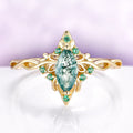 Fairy Queen Moss Agate Engagement Ring, Marquise Cut Moss Agate Ring, Fairy Core Twisted Vine Leaf Ring, Emerald Accent Dainty Band