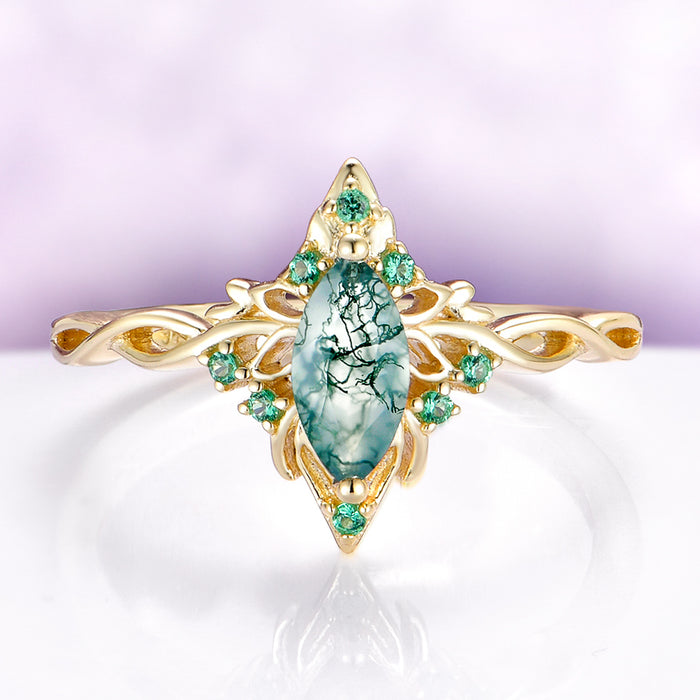 Fairy Queen Moss Agate Engagement Ring, Marquise Cut Moss Agate Ring, Fairy Core Twisted Vine Leaf Ring, Emerald Accent Dainty Band