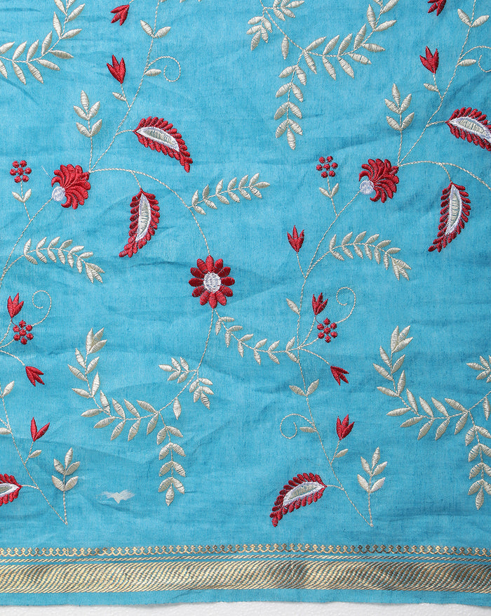 Silk Linen Embroidered Handloom Light Blue Saree with Running Blouse-Indiehaat
