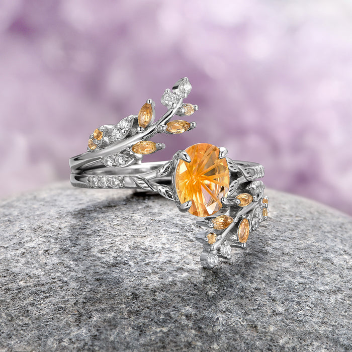 Fantasy Cut Citrine Couples Ring Set by Aquamarise, showcasing a silver band with a star-cut citrine center stone surrounded by delicate branches with small citrine and white accent stones, part of Matching Couples' Rings and Fantasy-Inspired Jewelry collections.