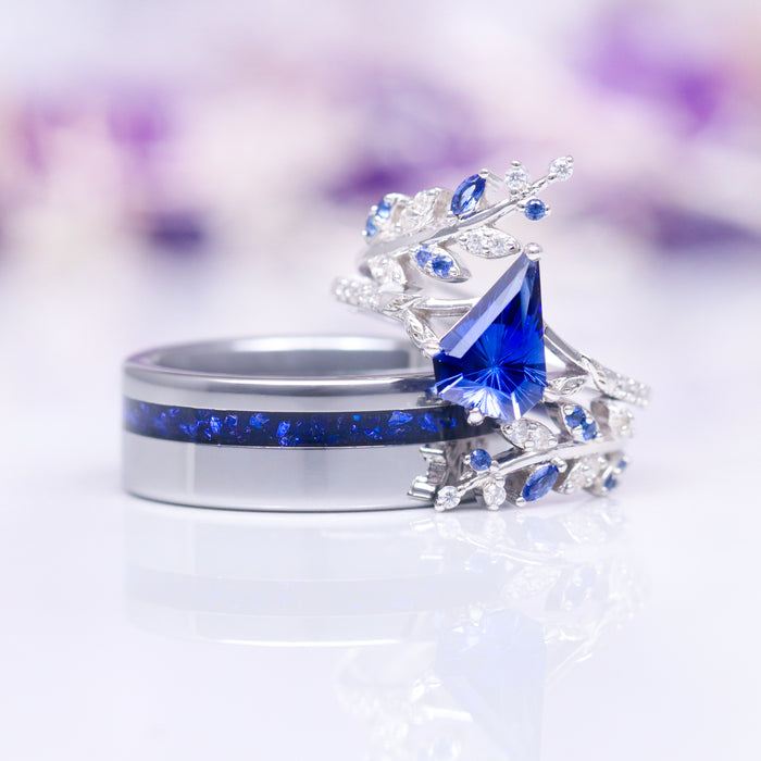 Fantasy Shield Cut Sapphire Leaf Engagement Ring Set