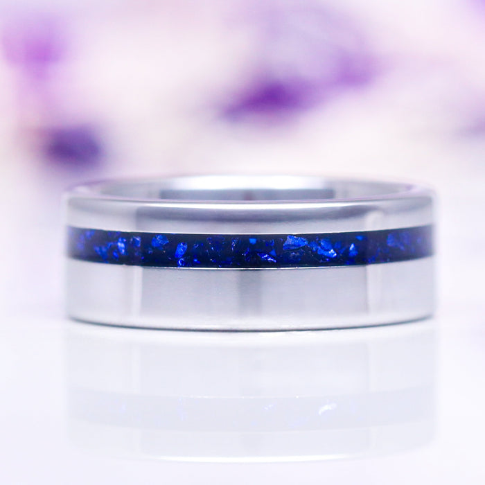 8mm tungsten ring with crushed sapphire inlay