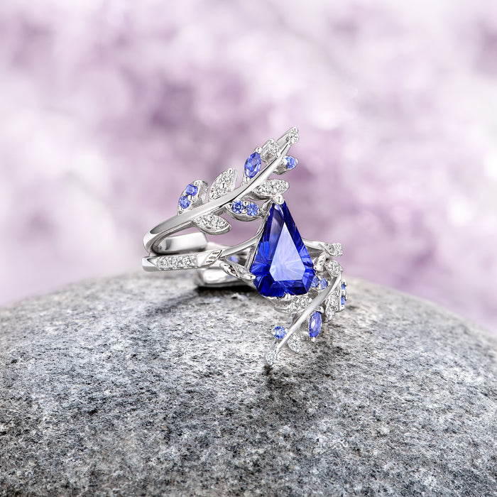 Fantasy Shield Cut Sapphire Leaf Engagement Ring Set