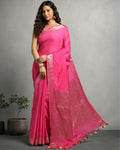 Silk Linen Banarasi Brocade Handloom Rose Pink Saree with Blouse-Indiehaat