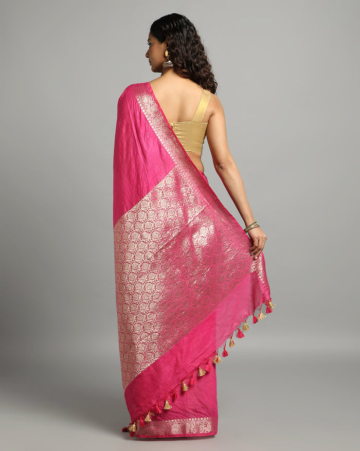 Silk Linen Banarasi Brocade Handloom Rose Pink Saree with Blouse-Indiehaat