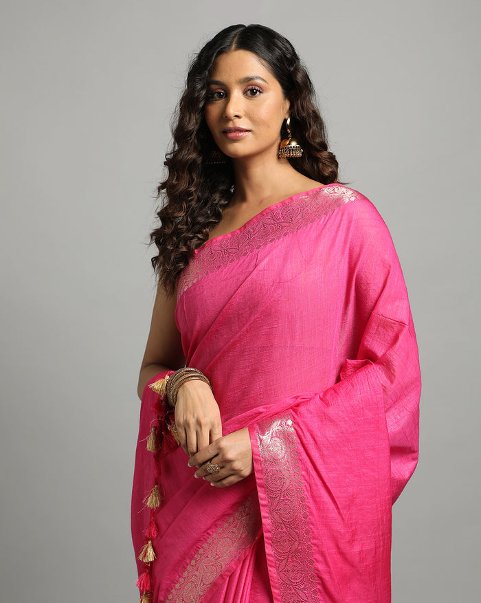 Silk Linen Banarasi Brocade Handloom Rose Pink Saree with Blouse-Indiehaat