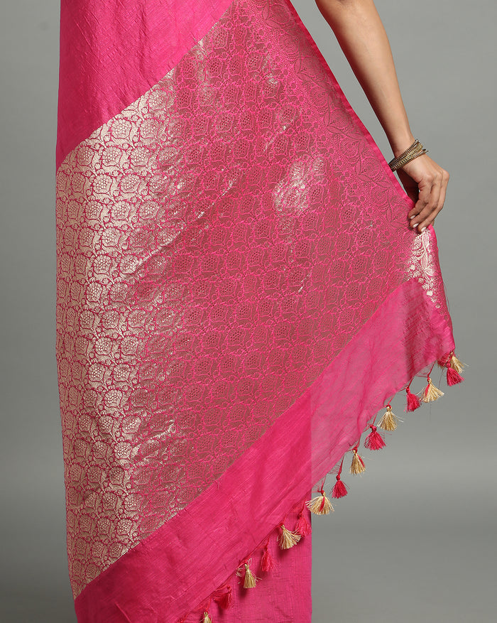 Silk Linen Banarasi Brocade Handloom Rose Pink Saree with Blouse-Indiehaat