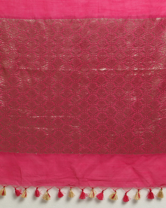 Silk Linen Banarasi Brocade Handloom Rose Pink Saree with Blouse-Indiehaat