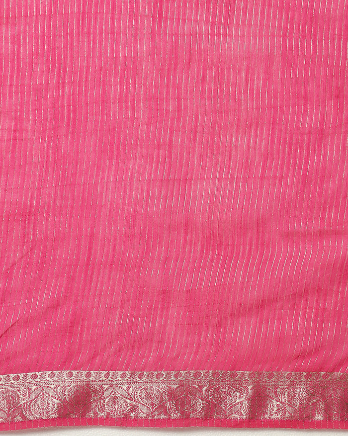 Silk Linen Banarasi Brocade Handloom Rose Pink Saree with Blouse-Indiehaat