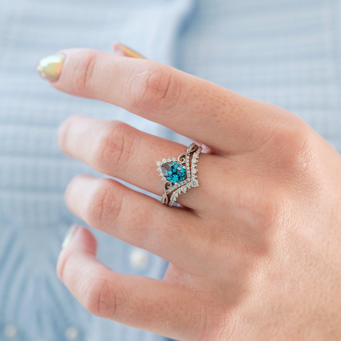 Faye Alexandrite Ring Set- 14K White Gold (Two Piece) featuring a pear-shaped blue-green alexandrite center stone accented by delicate diamond details on an intricately designed white gold band by Aquamarise Gold, part of the Nature-Inspired Engagement Rings and June Birthstone Jewelry collections.