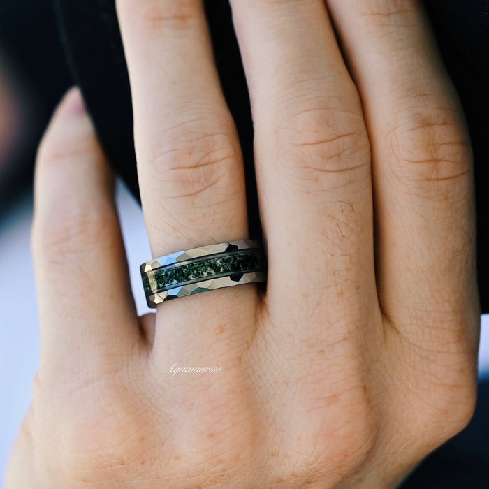 Faye Green Moss Agate Couples Ring Set featuring a hammered tungsten band with inlaid green moss agate, showcasing Aquamarise’s matching couples’ rings from their best-selling jewelry collection.