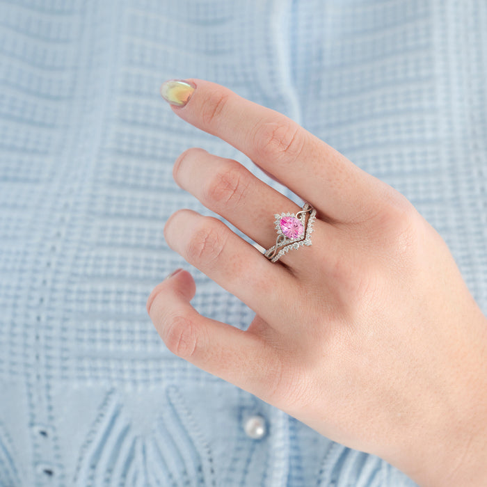 Faye Pink Sapphire Engagement Ring Set- 14K White Gold (Fantasy Cut) by Aquamarise Gold, featuring a vibrant pink sapphire in a fantasy-cut design, accompanied by a delicate white gold band, part of nature-inspired and non-traditional engagement ring collections.