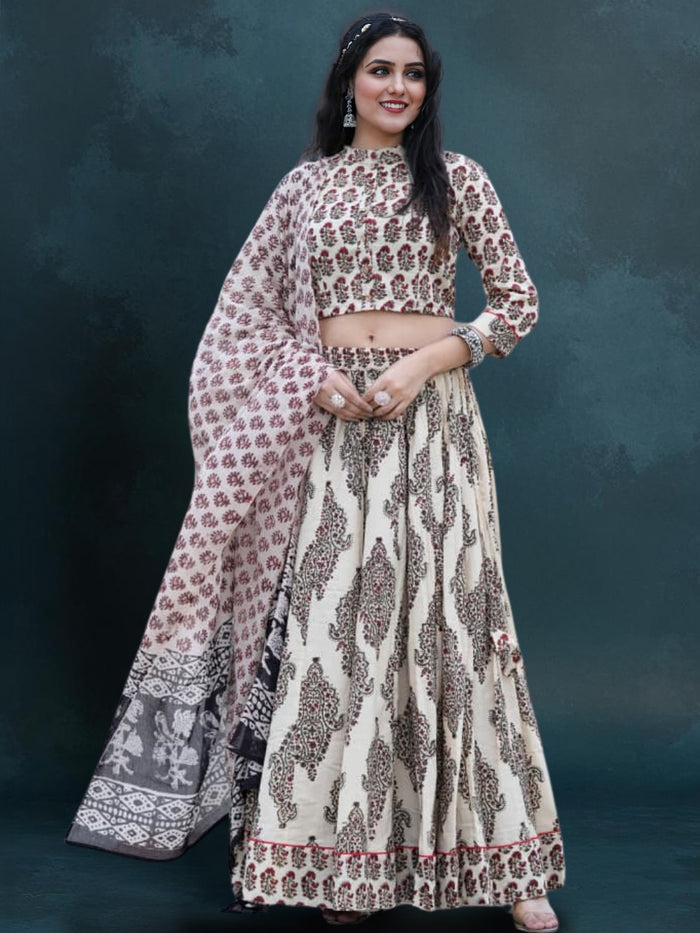 Indiehaat | Blockprinted Cotton Lehanga Choli Beige
