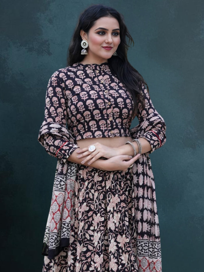 Indiehaat | Blockprinted Cotton Lehanga Choli Black