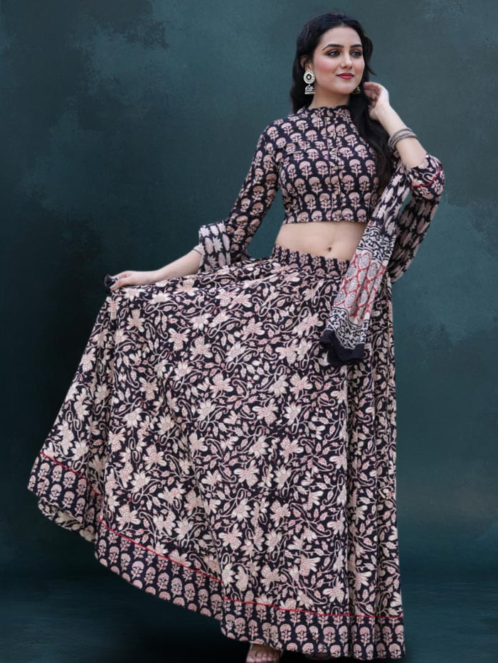 Indiehaat | Blockprinted Cotton Lehanga Choli Black