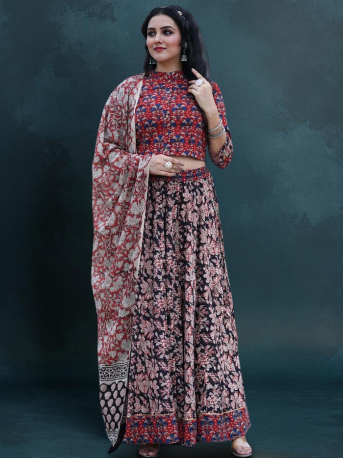 Indiehaat | Blockprinted Cotton Lehanga Choli Red & Black