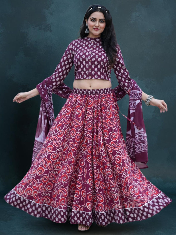 Indiehaat | Blockprinted Cotton Lehanga Choli Red