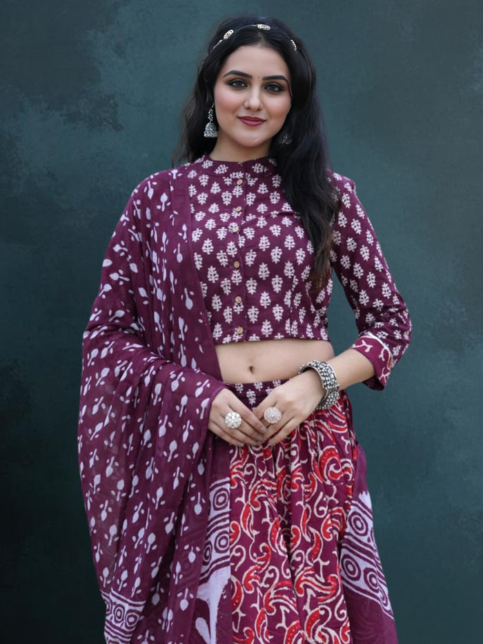 Indiehaat | Blockprinted Cotton Lehanga Choli Red