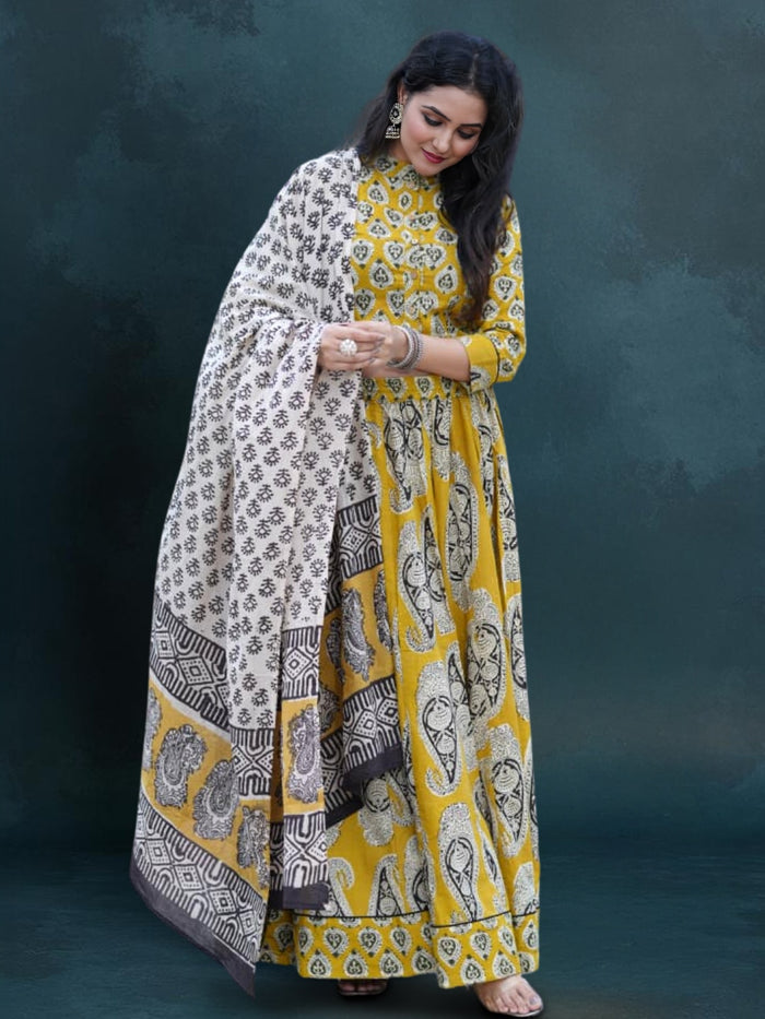 Indiehaat | Blockprinted Cotton Lehanga Choli Yellow