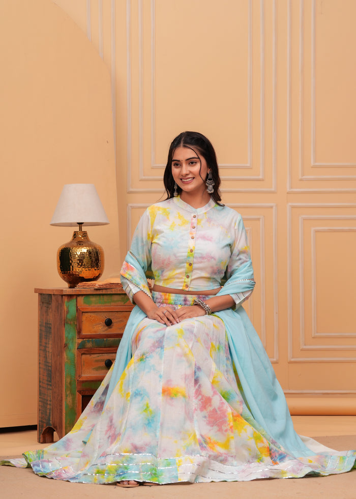 Indiehaat | Blockprinted White & Blue Lehanga Choli Set