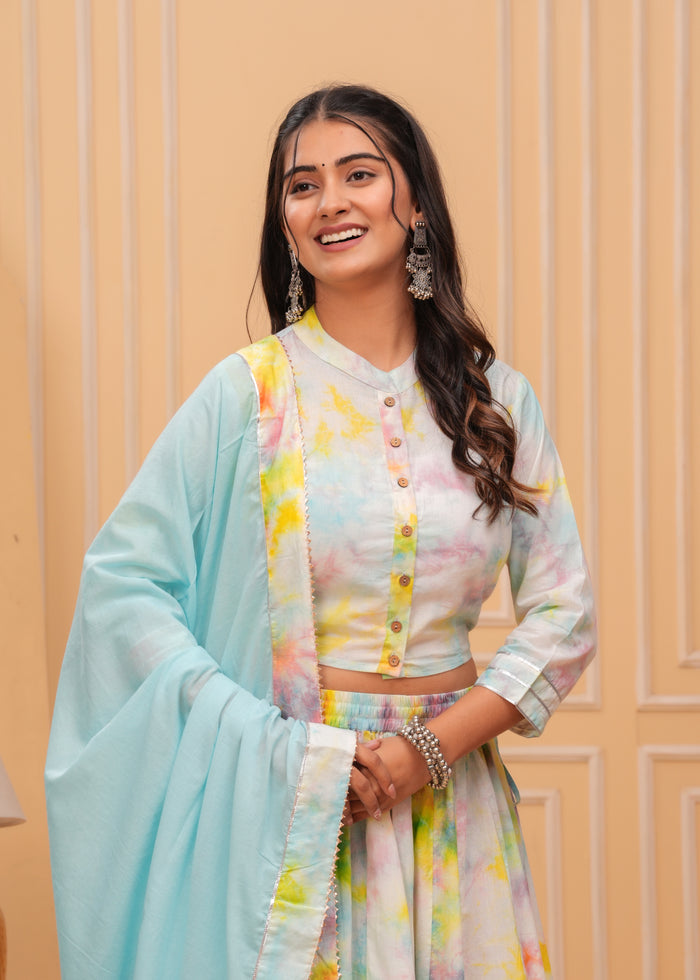 Indiehaat | Blockprinted White & Blue Lehanga Choli Set
