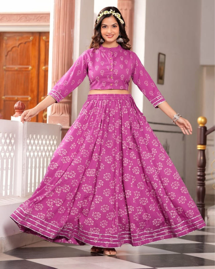 Indiehaat | Festive Fusion Lehanga Choli Set Dark Pink BlockPrinted