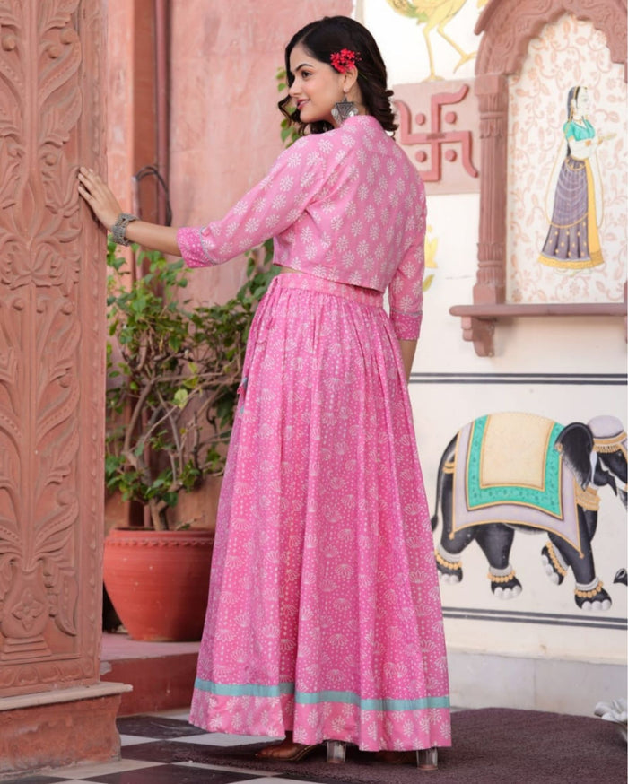 Indiehaat | Festive Fusion Lehanga Choli Set Rose Pink BlockPrinted