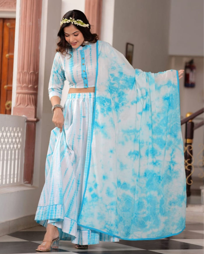 Indiehaat | Festive Fusion Lehanga Choli Set Soft White BlockPrinted