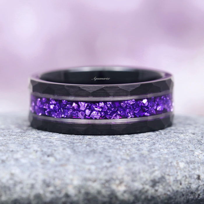 Feyra Amethyst & Simulated Diamond Couples Ring Set by Aquamarise, featuring a black band with crushed amethyst stone inlay and a hammered matte finish, part of Matching Couples' Rings and Amethyst Jewelry collections.