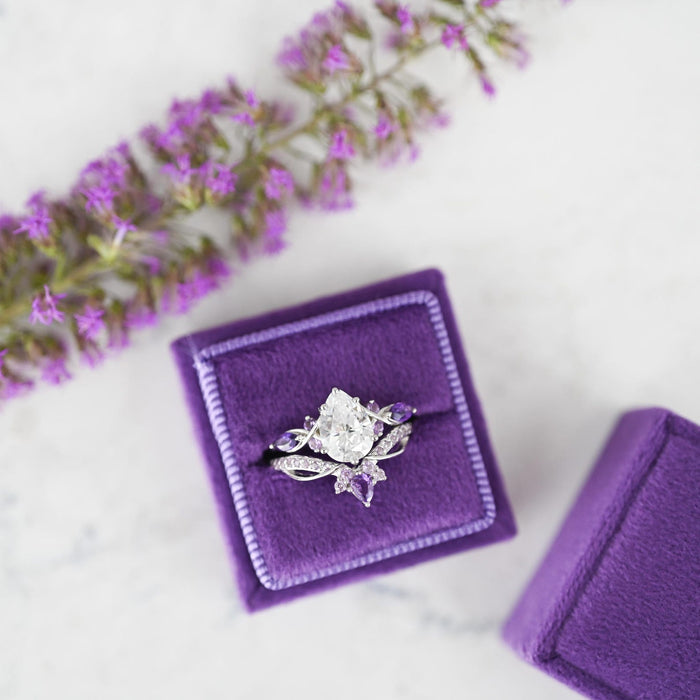 Feyra Lab-Grown Diamond & Amethyst Ring Set- 14K White Gold (IGI Certified) displayed on a plush purple ring box, featuring an intricate design with a sparkling lab-grown diamond and delicate amethyst stones, from Aquamarise Gold’s nature and fantasy-inspired engagement rings collections.