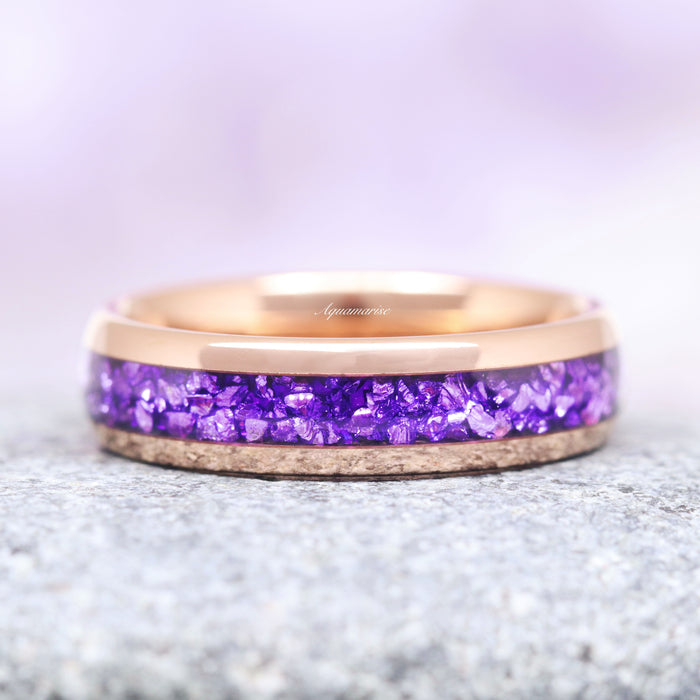 Feyra Starry Night & Amethyst Couples Ring Set featuring a polished rose gold band with a vibrant crushed amethyst inlay and textured detailing, crafted by Aquamarise from Matching Couples' Rings and Amethyst Jewelry collections.
